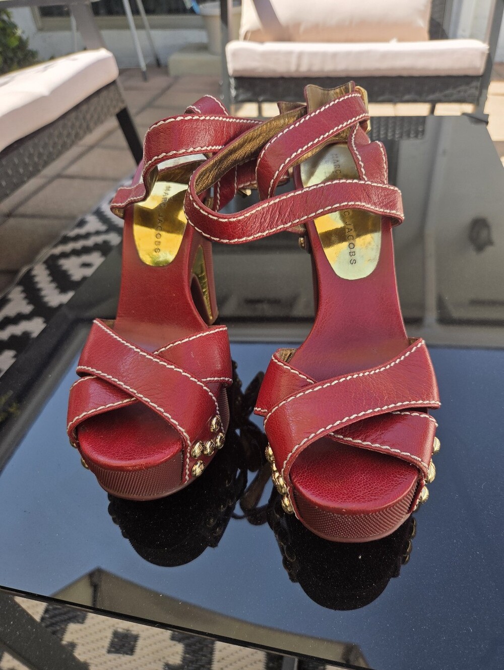 Marc By Marc Jacobs Red Leather Platform Heeled Sandals with Gold Studs 7.5.